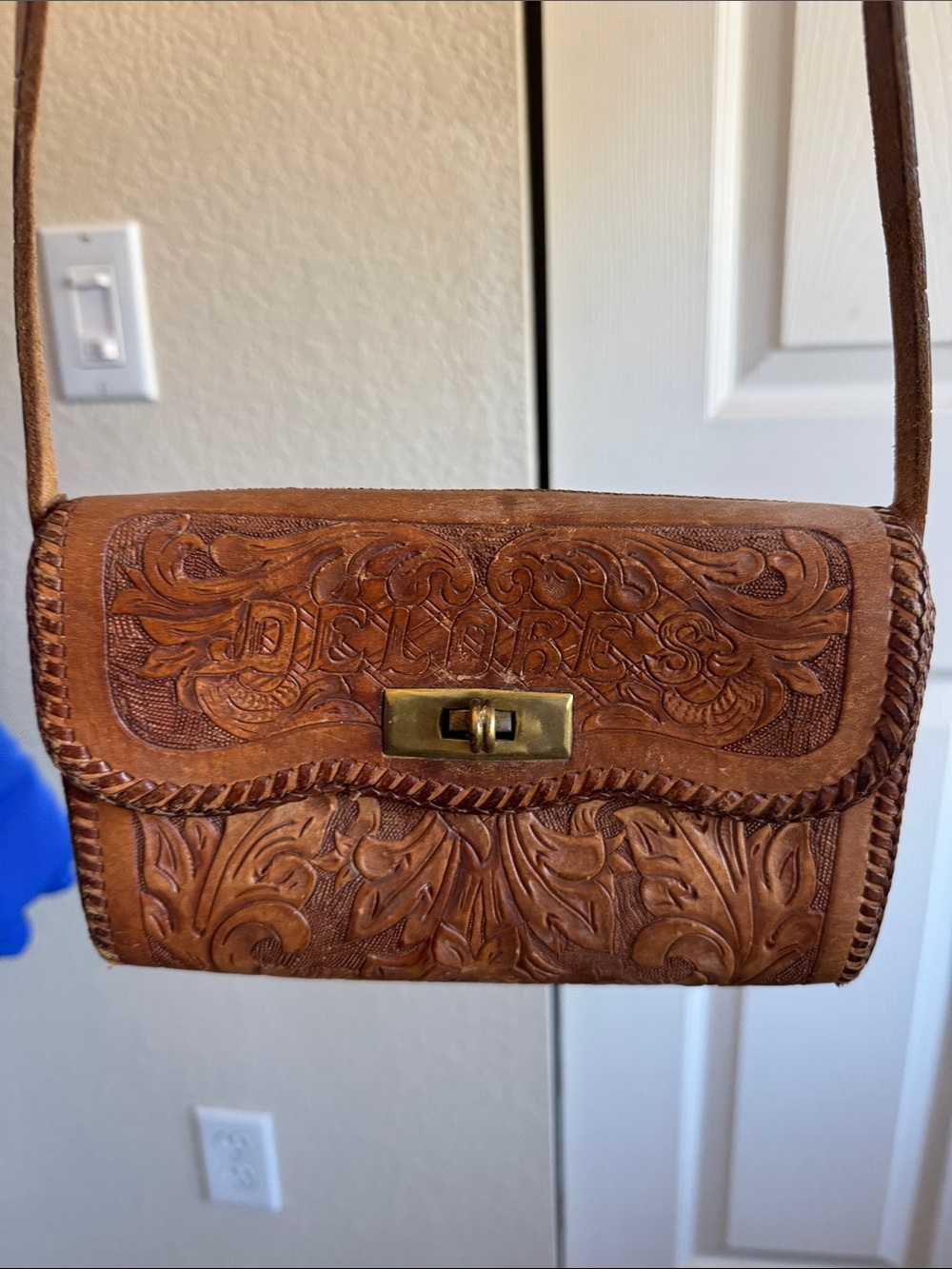 Vintage Hand-Tooled Brown Leather Crossbody Purse